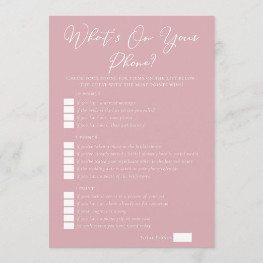 Pink What's On Your Phone Bridal Shower Download Kaart (Voorkant)