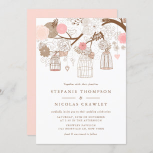 Pink Whimsical Birdcages Floral Wedding Invitation Kaart