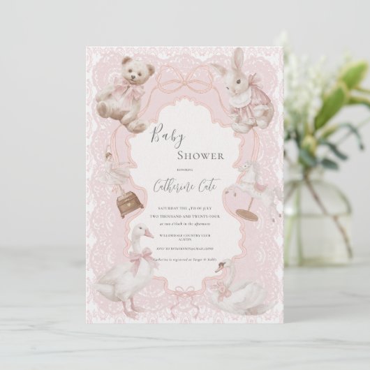 Pink Whimsical Elegant Vintage Baby Shower Kaart (Staand voorkant)