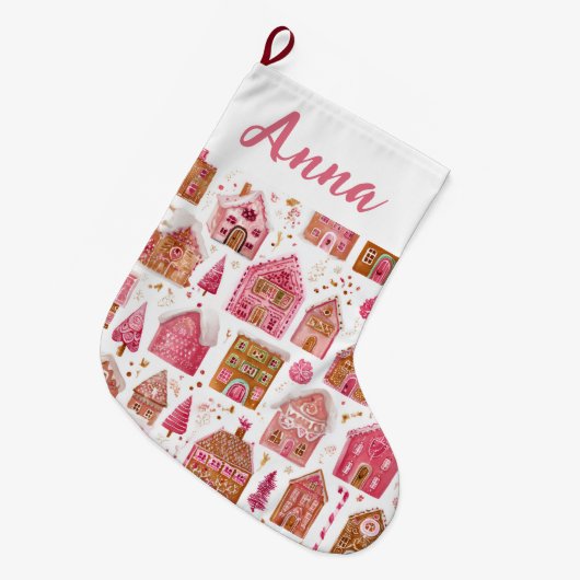 Pink Whimsical Gingerbread Houses Name Stocking Grote Kerstsok (Voorkant (Hangend))