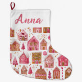 Pink Whimsical Gingerbread Houses Name Stocking Grote Kerstsok (Voorkant)
