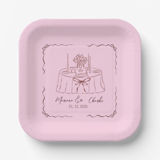 Pink Whimsical Hand Drawn Illustrated Wedding  Papieren Bordje (Voorkant)