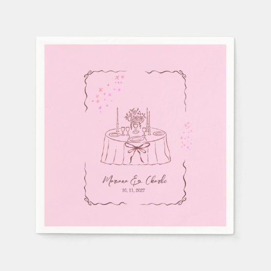 Pink Whimsical Hand Drawn Illustrated Wedding  Servet (Voorkant)