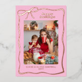 Pink Whimsical Handdrawn Bow Frame Photo Folie Feestdagenkaart (Voorkant)