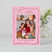 Pink Whimsical Handdrawn Bow Frame Photo Folie Feestdagenkaart (Staand Voorkant)