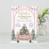 Pink Whimsical Stripes Cold Outside Baby Shower Kaart (Staand voorkant)
