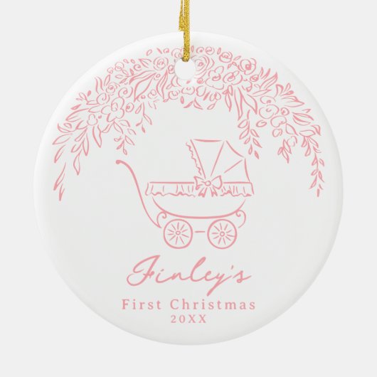 Pink Whimsical Stroller Baby's First Christmas Keramisch Ornament (Achterkant)