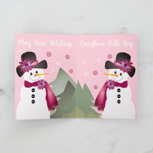 Pink Whimsy Snowman Feestdagen Kaart (Binnen)