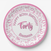 Pink/White 40th Birthday Party Number Pattern Papieren Bordje (Voorkant)