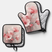 Pink, White, and Gray Foral Ovenwant & Pannenlap Set (Voorkant / Achterkant)
