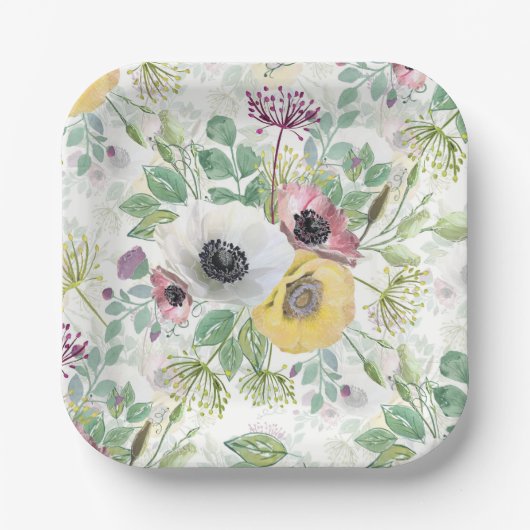 Pink, white and yellow anemones, paper plates. papieren bordje (Voorkant)