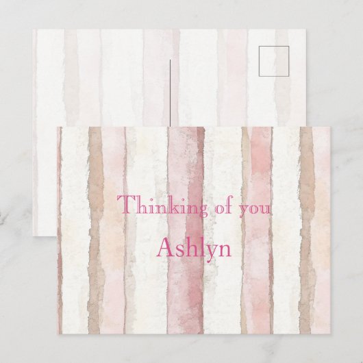 Pink White Beige Stripes Thinking of you Briefkaart (Voorkant / Achterkant)