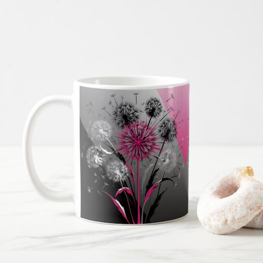 Pink, White Black Dandelions  Koffiemok (Met donut)