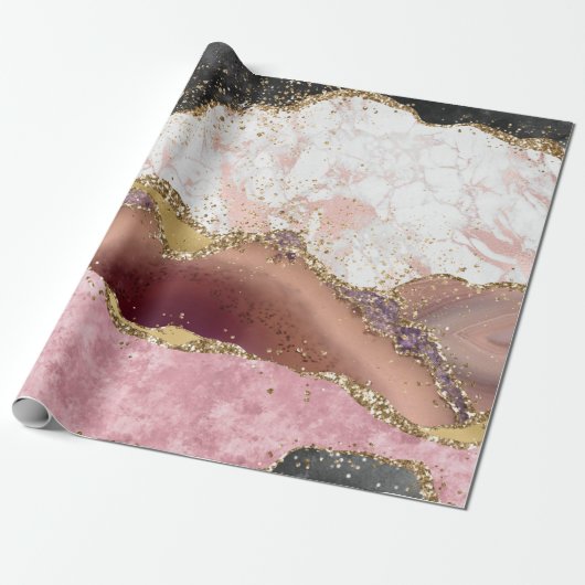 Pink White Black Mauve Gold Glitter Agate Marble Cadeaupapier (Uitgerold)