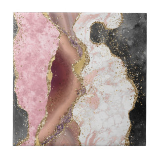 Pink White Black Mauve Gold Glitter Agate Marble Tegeltje