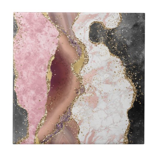 Pink White Black Mauve Gold Glitter Agate Marble Tegeltje (Voorkant)