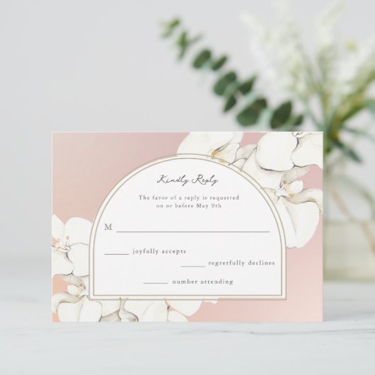 Pink White Botanical Orchid Floral Wedding RSVP Kaartje (Staand voorkant)