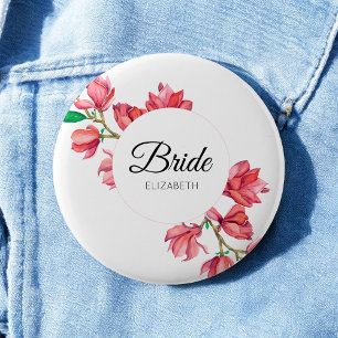 Pink White Bride Floral Magnolia Wedding Ronde Button 5,7 Cm