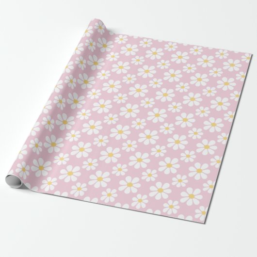 Pink White Daisy Pattern Cadeaupapier (Uitgerold)