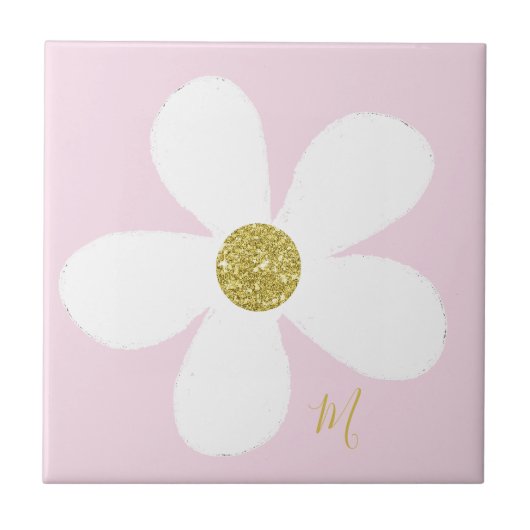 Pink White Daisy Simple Floral Gold Personal Tegeltje (Voorkant)