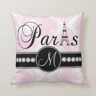 Pink White Damask Black Parisian Monogram Pillow Kussen