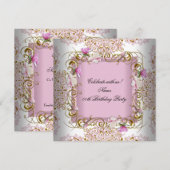 Pink White Damask Gold Flowers Birthday Party Kaart (Voorkant / Achterkant)