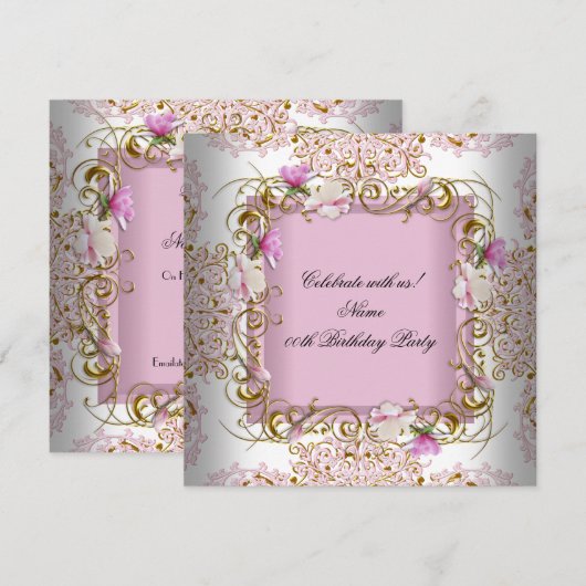 Pink White Damask Gold Flowers Birthday Party Kaart (Voorkant / Achterkant)