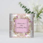 Pink White Damask Gold Flowers Birthday Party Kaart (Staand voorkant)