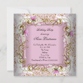 Pink White Damask Gold Flowers Birthday Party Kaart (Achterkant)