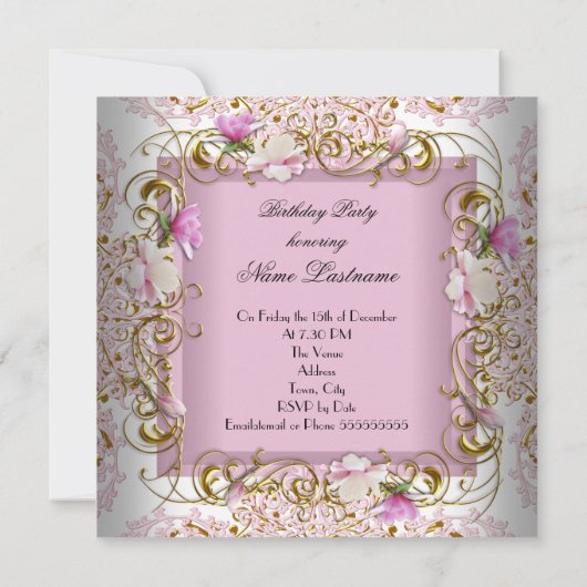 Pink White Damask Gold Flowers Birthday Party Kaart (Achterkant)