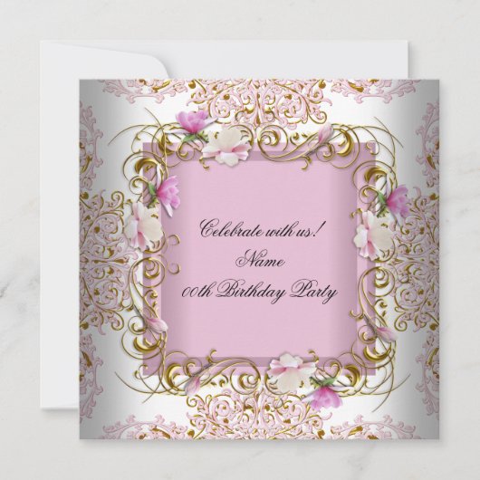 Pink White Damask Gold Flowers Birthday Party Kaart (Voorkant)
