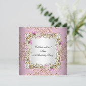 Pink White Damask Gold Flowers Birthday Party Kaart (Staand voorkant)