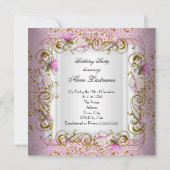 Pink White Damask Gold Flowers Birthday Party Kaart (Achterkant)