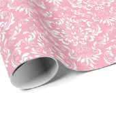 Pink White Damask Patroon Cadeaupapier (Rol Hoek)