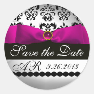 PINK WHITE DAMASK RIBBON MONOGRAM Paarse Fuchsia Ronde Sticker