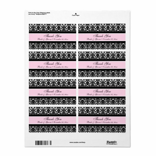Pink White Damask Wedding Labels (Full Sheet)