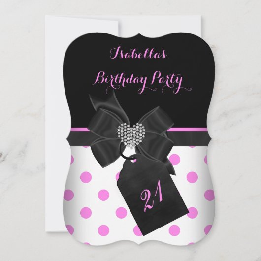 Pink White Diamond Heart Black Polka Dots Birthday Kaart (Voorkant)