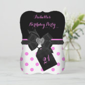 Pink White Diamond Heart Black Polka Dots Birthday Kaart (Staand voorkant)