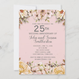 Pink White Floral 25th Wedding Jubileum Kaart