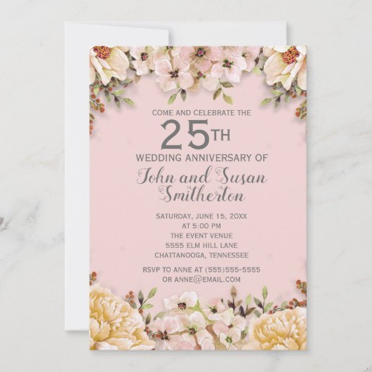 Pink White Floral 25th Wedding Jubileum Kaart (Voorkant)