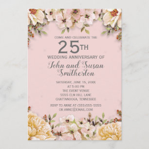 Pink White Floral 25th Wedding Jubileum Kaart