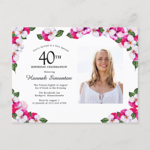Pink White Floral 40th Birthday Uitnodiging Briefkaart