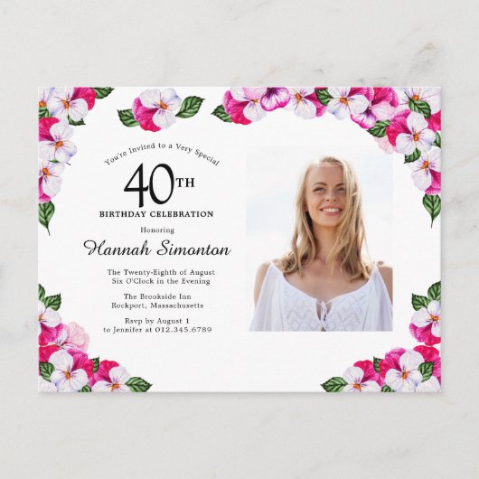 Pink White Floral 40th Birthday Uitnodiging Briefkaart (Voorkant)