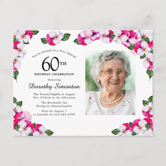 Pink White Floral 60th Birthday Uitnodiging Briefkaart (Voorkant)