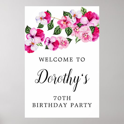 Pink White Floral 70th Birthday Party Welcome Poster (Voorkant)