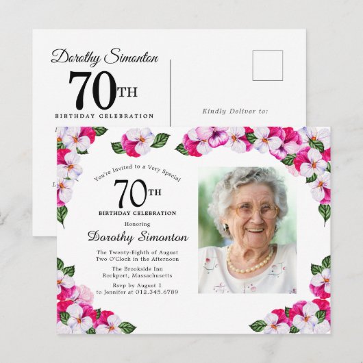 Pink White Floral 70th Birthday Uitnodiging Briefkaart (Voorkant / Achterkant)