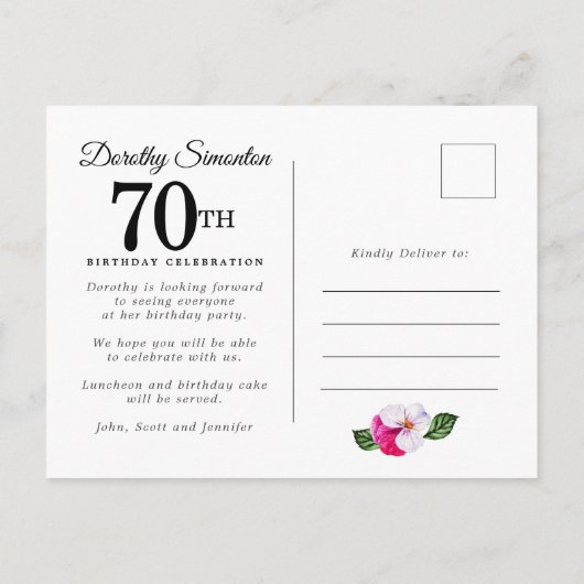 Pink White Floral 70th Birthday Uitnodiging Briefkaart (Achterkant)