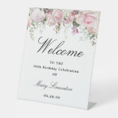 Pink White Floral 90th Birthday Party Welcome Reclamebord Met Voetstuk (Voorkant)