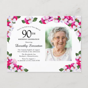 Pink White Floral 90th Birthday Uitnodiging Briefkaart