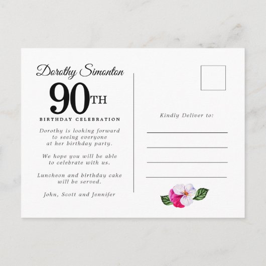 Pink White Floral 90th Birthday Uitnodiging Briefkaart (Achterkant)
